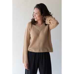 Ryan Roche Cashmere Pullover V Neck Crop Sweater Buff Tan Women's Size Large